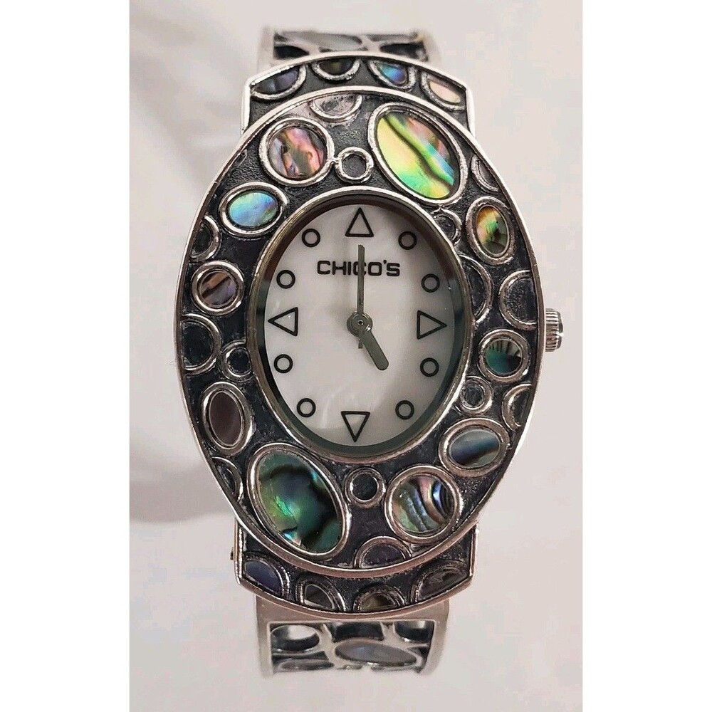 Chico's Cuff Abalone Shell Accent Quartz Silver Metal Bangle Oval Analog Watch
